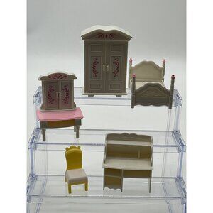 Vintage Plastic Dollhouse Furniture Bedroom Set Wardrobe Vanity Desk Chair & Bed